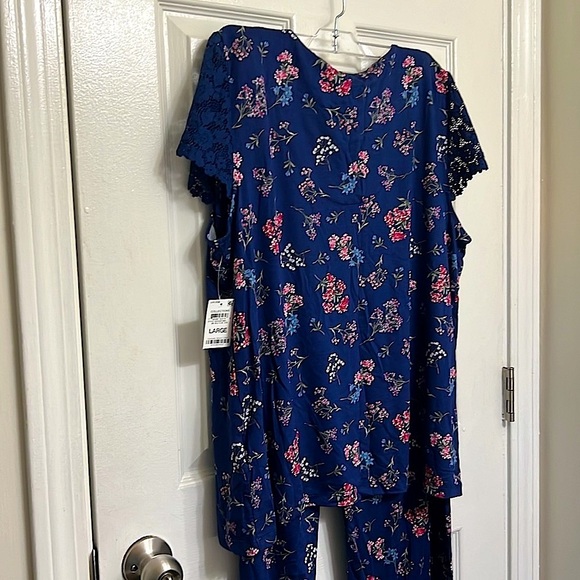 NWT 🛌  CHARTER CLUB BLUE FLORAL LACE TRIM SHORT SLEEVE PAJAMA SET Women L 12/14 - Picture 2 of 13